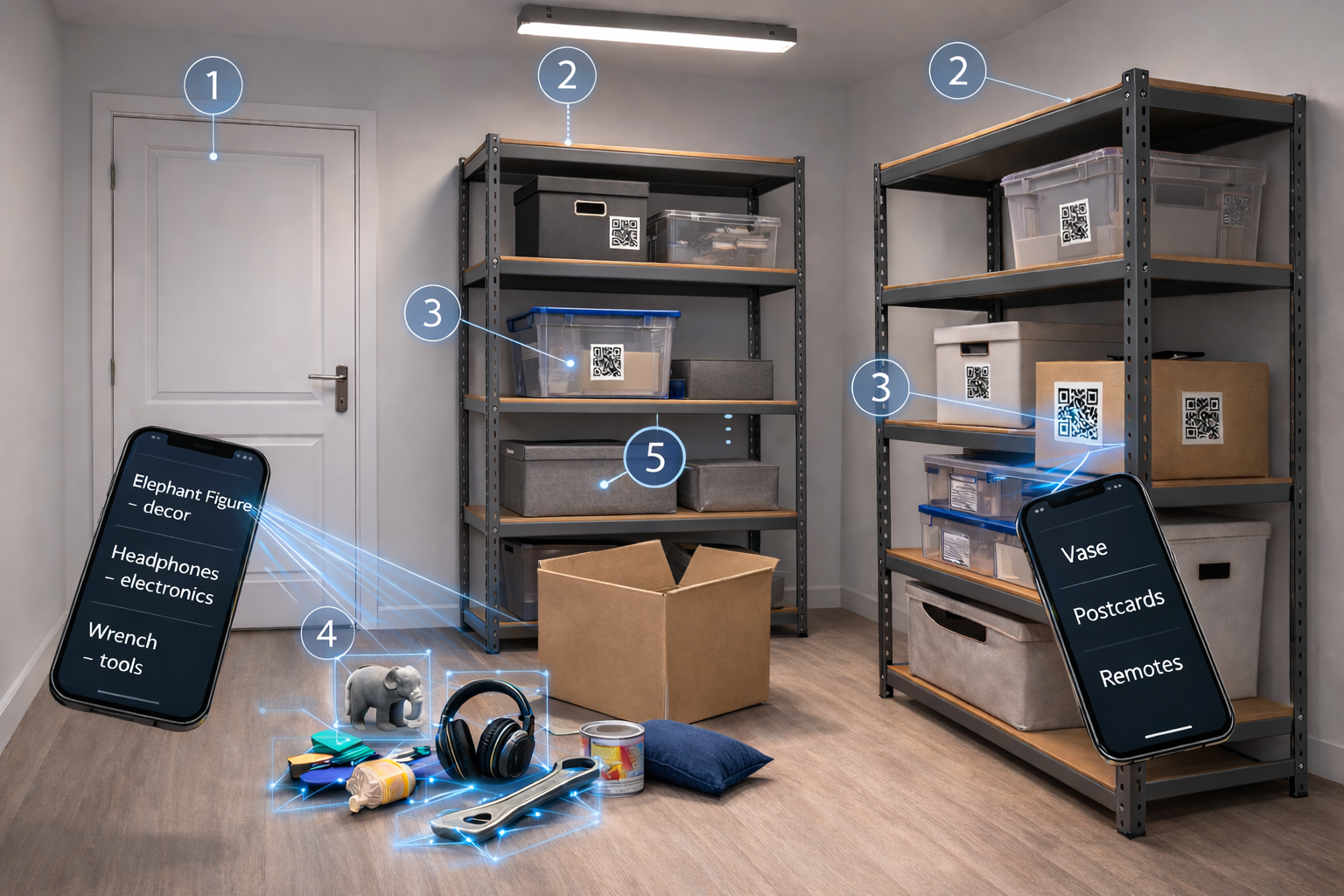 Storage room with numbered markers, QR-labeled containers, an unmarked box, and phones demonstrating AI item scan and QR scan.
